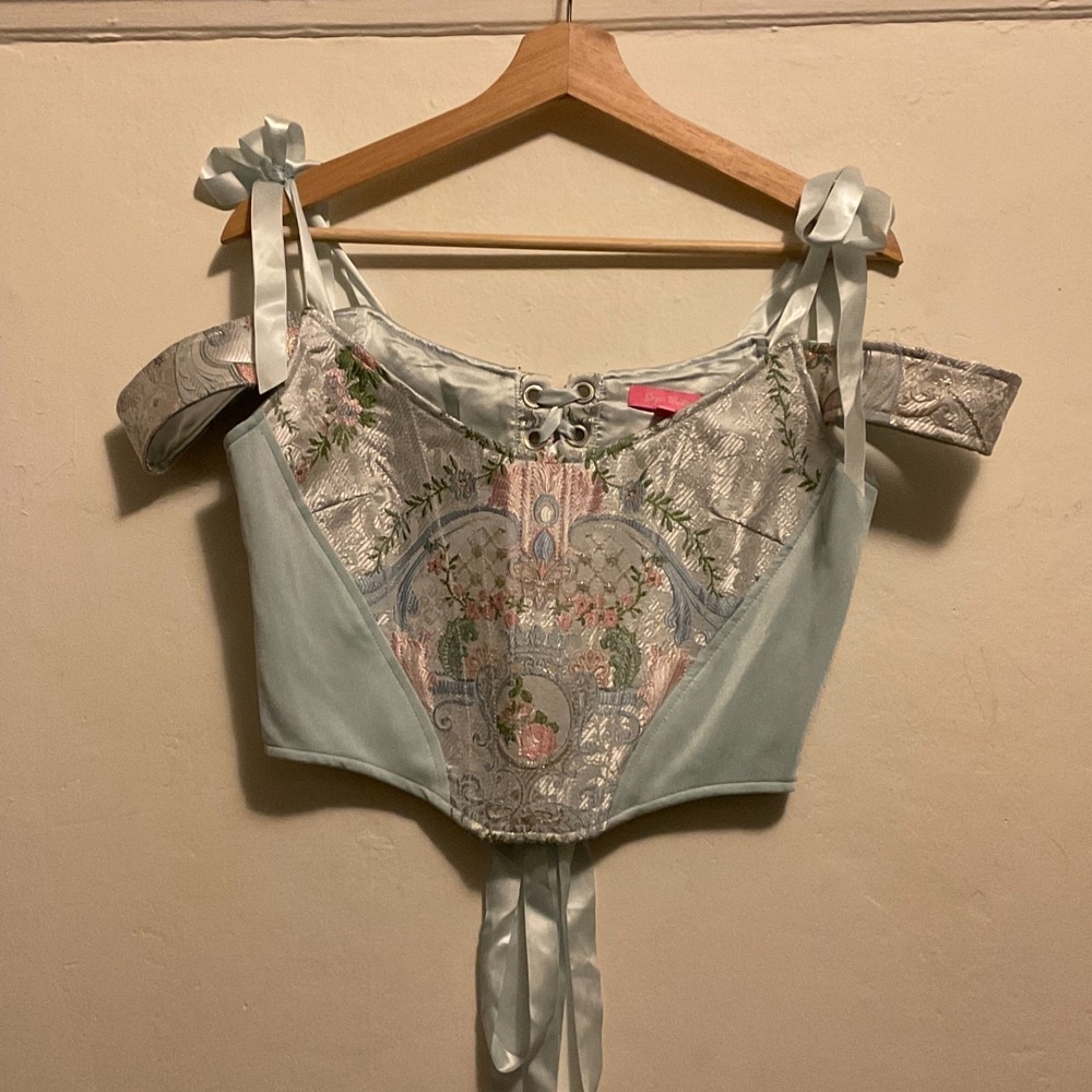 Dolls Kill Sugar Thrillz Brocade Corset Cropped  Bows Floral Marie Antoinette L